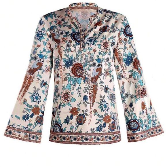 Plus Size Floral Print Boho Floral Print Bell Sleeve Top Blouse Shirt - Picture 2 of 6